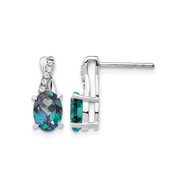 14k White Gold Stud Earrings with Created Alexandrite and Diamond Accents, X-Shape Ribbon Design
