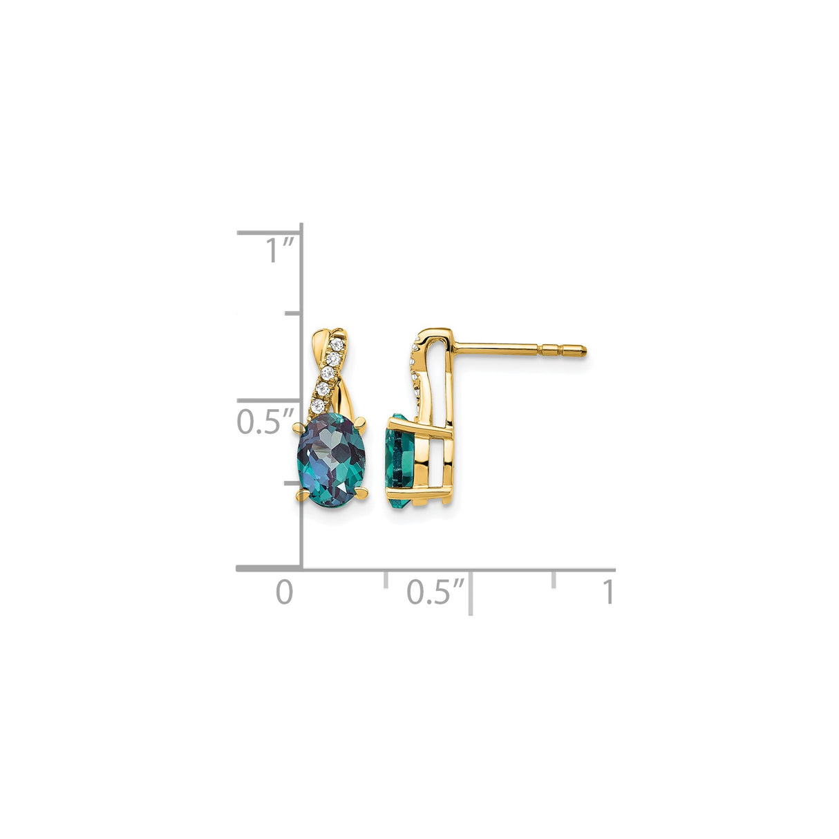 14k Yellow Gold Drop Earrings with Oval Created Alexandrite and Diamond Accents, Twist Design