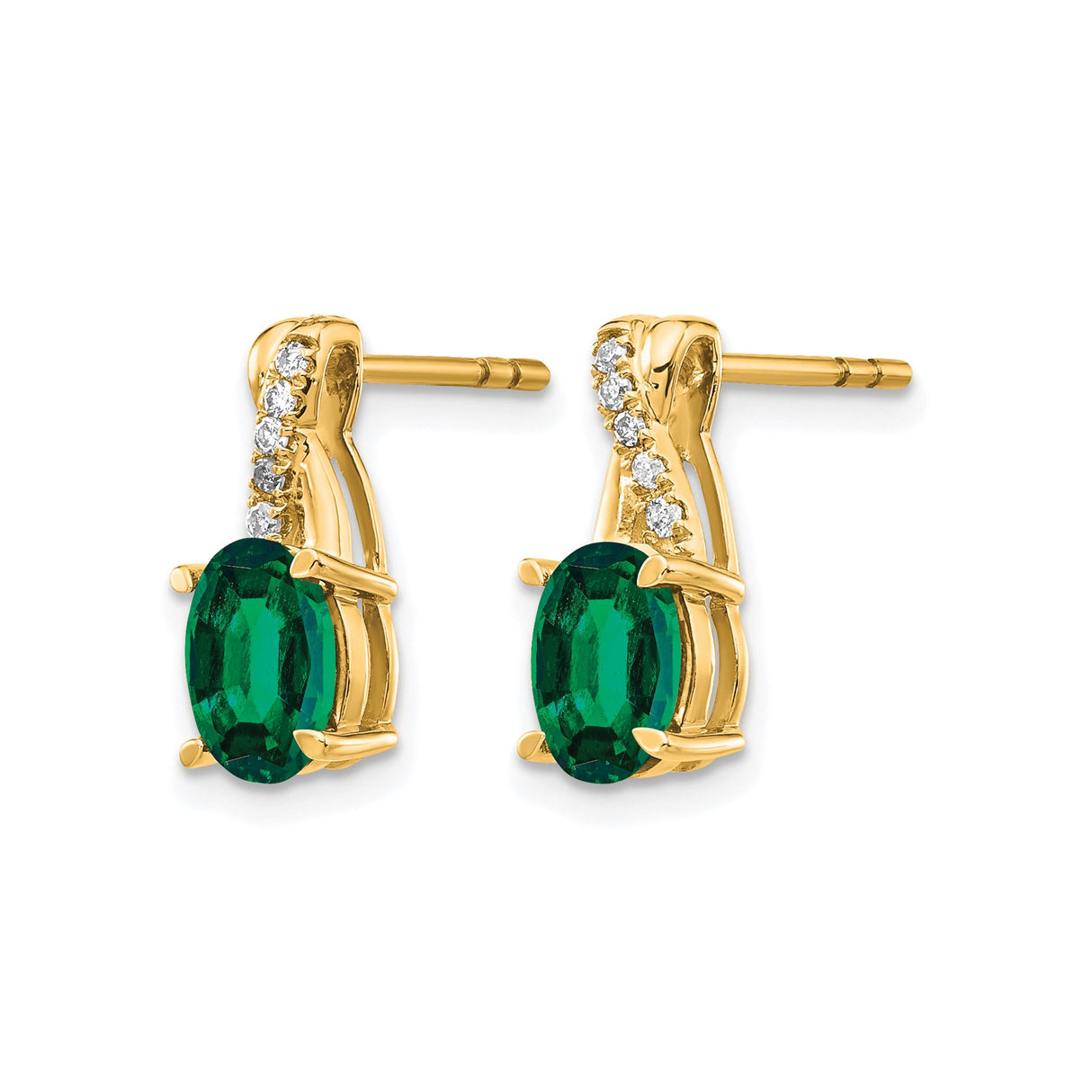 10k Yellow Gold Stud Earrings with Created Emerald and Crossover Design Featuring Cubic Zirconia