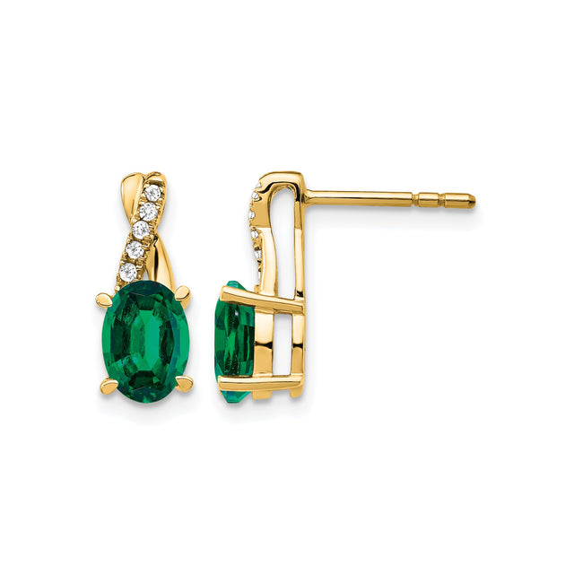 10k Yellow Gold Stud Earrings with Created Emerald and Crossover Design Featuring Cubic Zirconia
