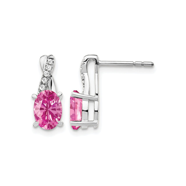 14k White Gold Stud Earrings with Oval Created Pink Sapphires and Diamond Accents