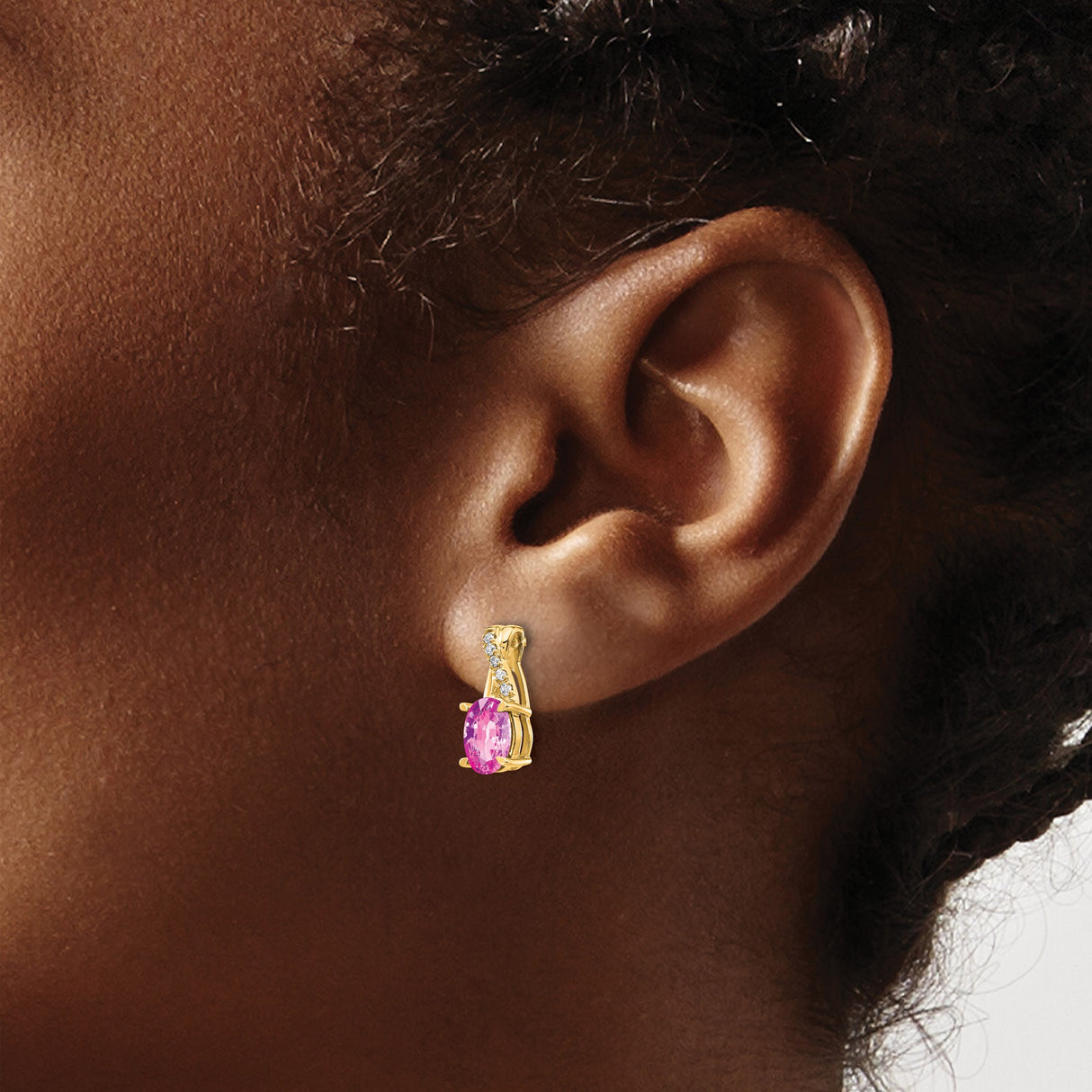 14k Yellow Gold Stud Earrings with Oval Created Pink Sapphire and Diamond Accents, Ribbon Detail