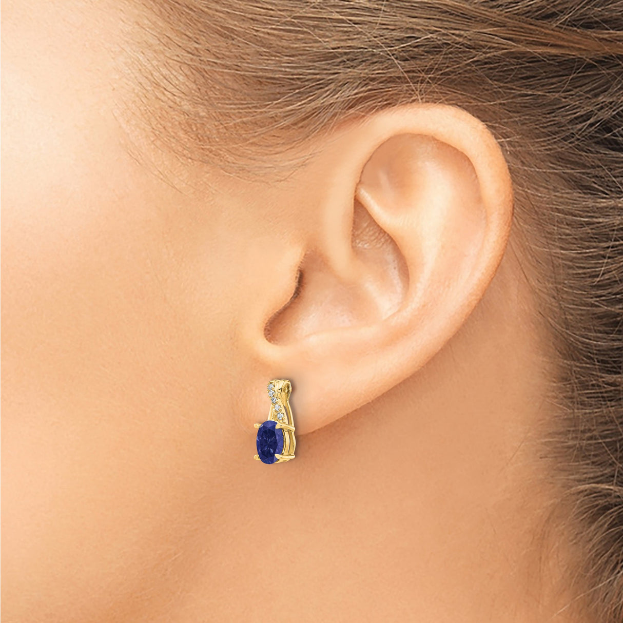 14k Yellow Gold Stud Earrings with Created Sapphire and Diamond Accents, Classic Oval Design