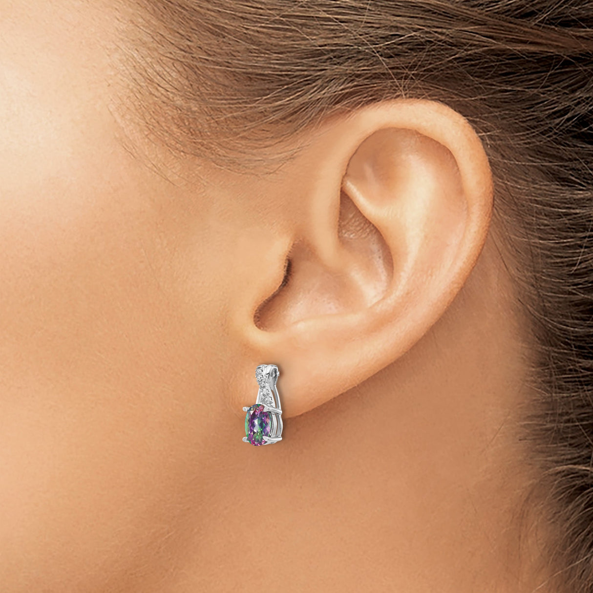 14k White Gold Stud Earrings with Oval Mystic Fire Topaz and Diamond Twist Design