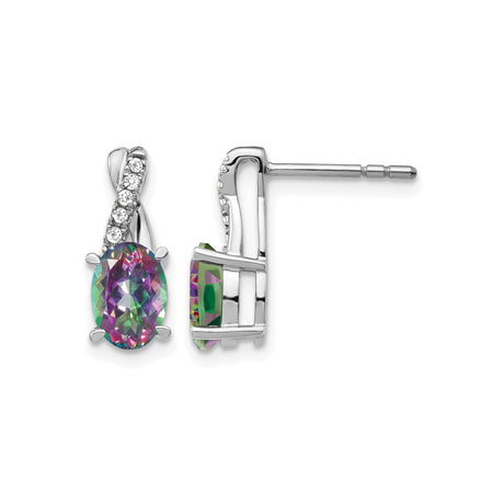 14k White Gold Stud Earrings with Oval Mystic Fire Topaz and Diamond Twist Design