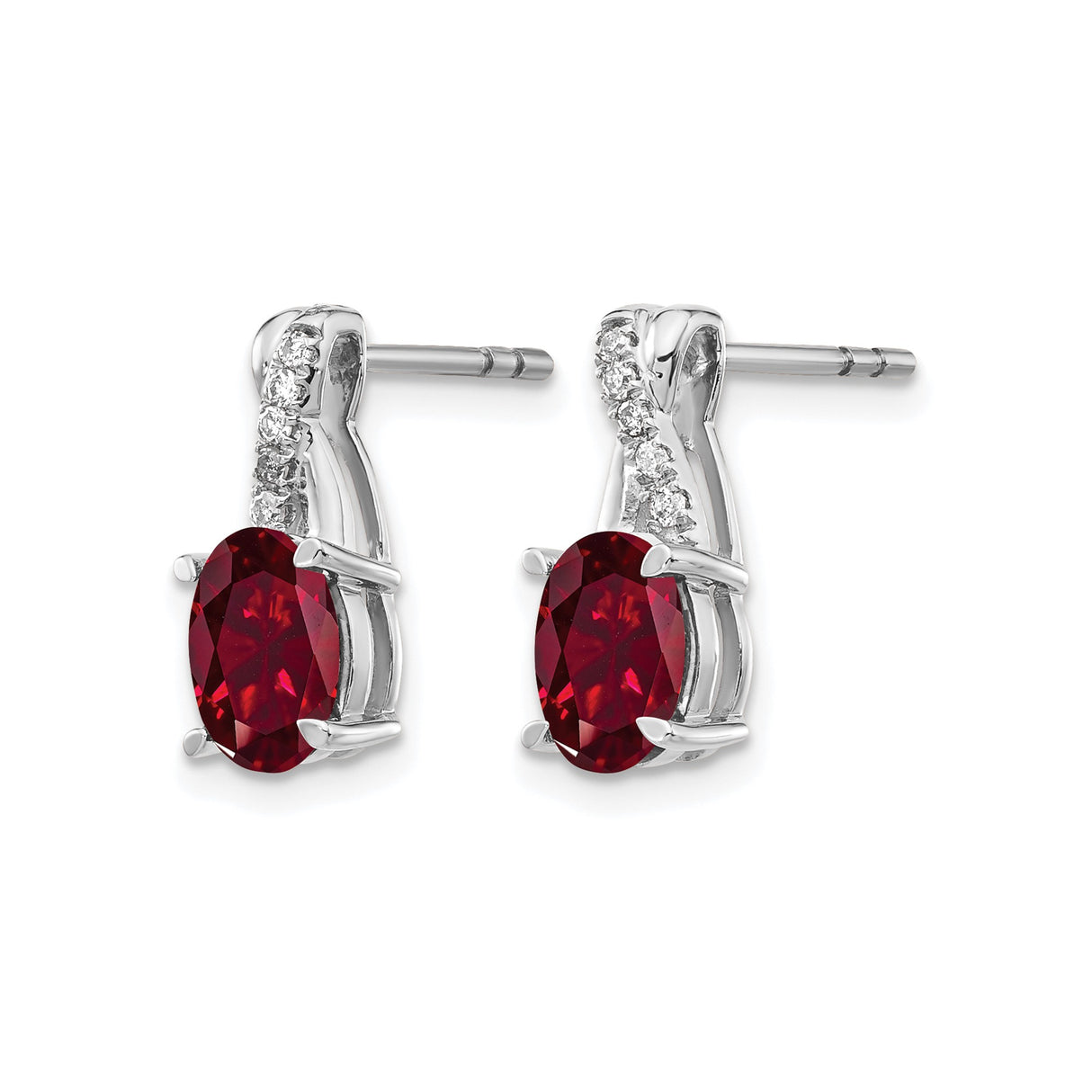 10k White Gold Drop Earrings with Oval Red Gemstone and Diamond Accents, Twist Design