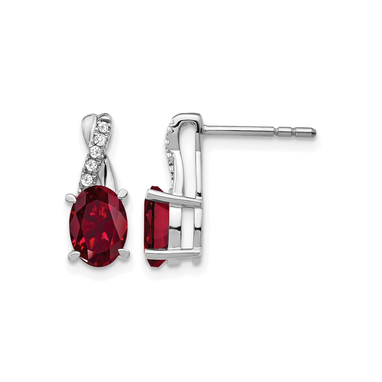 10k White Gold Drop Earrings with Oval Red Gemstone and Diamond Accents, Twist Design