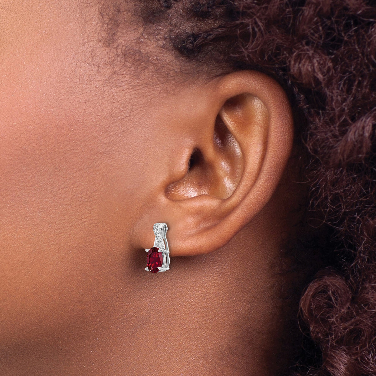 14k White Gold Earrings with Ruby and Diamond, Oval Cut Dangle Studs with Curved Design