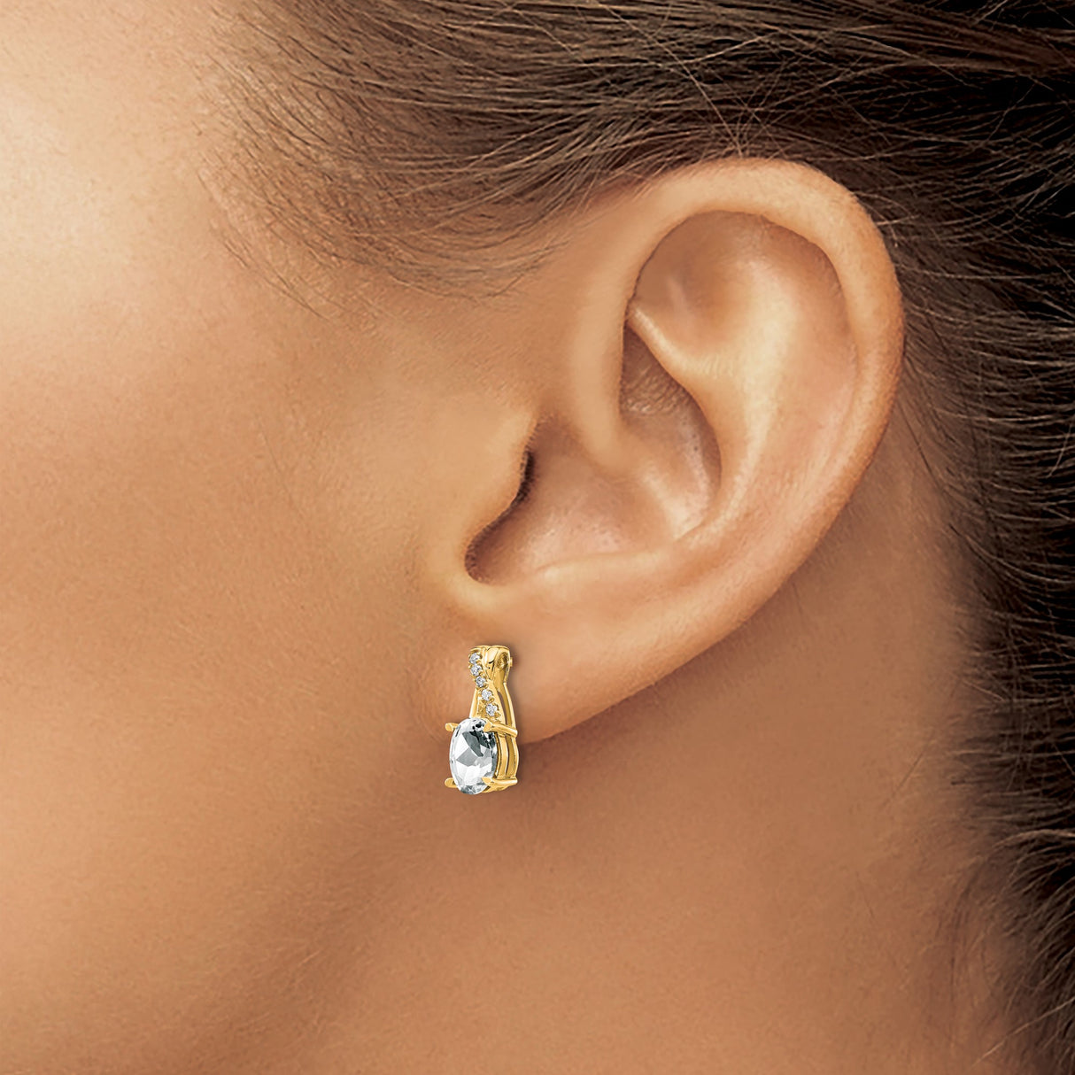 10k Yellow Gold Stud Earrings with Oval White Topaz and Diamond Accents, Twisted Design