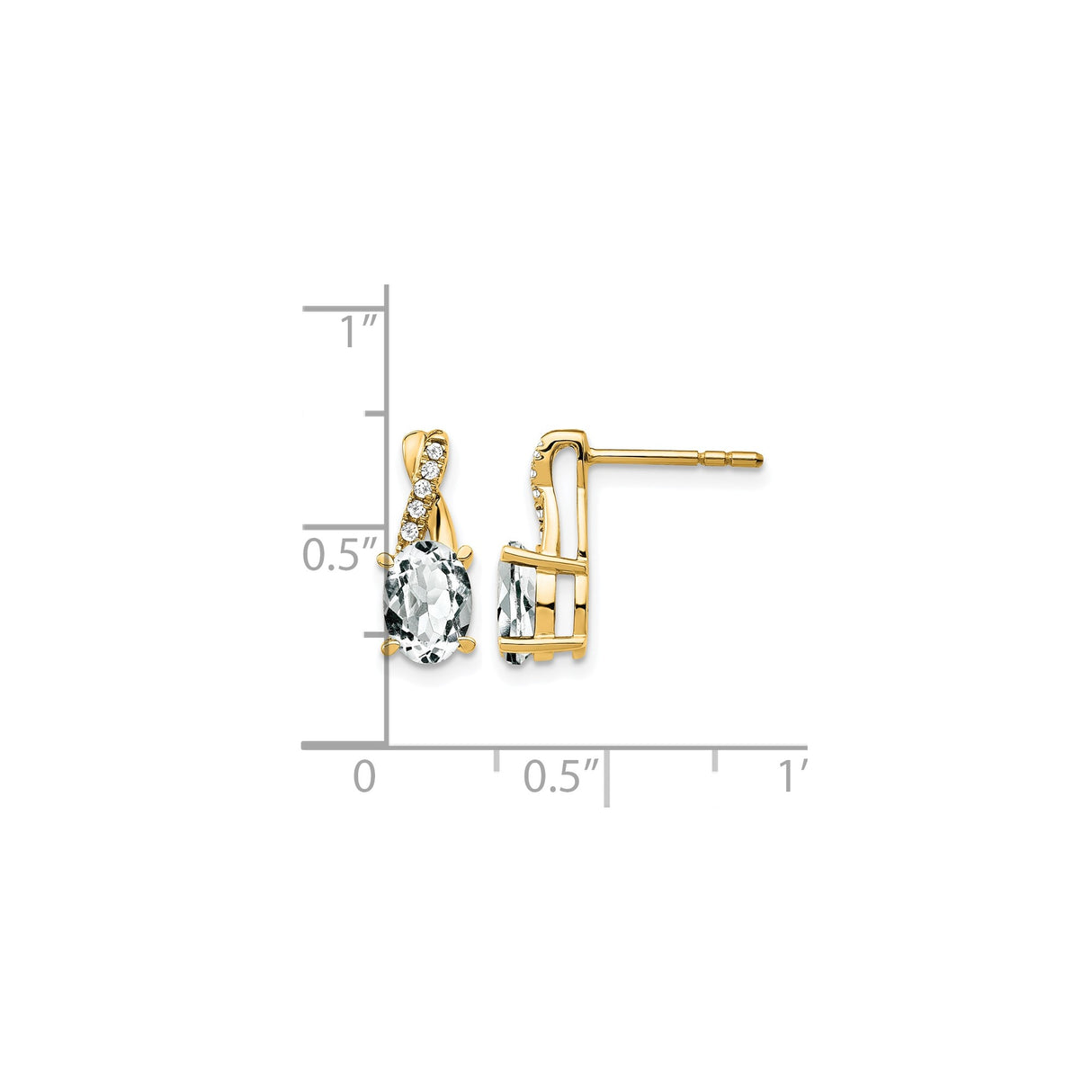 10k Yellow Gold Stud Earrings with Oval White Topaz and Diamond Accents, Twisted Design