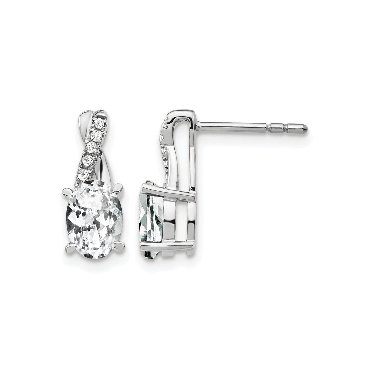 14k White Gold Stud Earrings with Oval White Topaz, Twisted Design, Diamond Accents