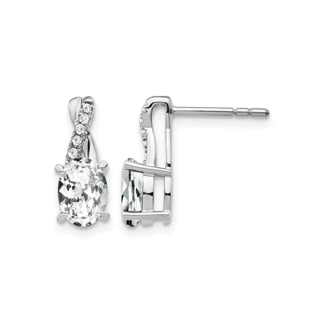 14k White Gold Stud Earrings with Oval White Topaz, Twisted Design, Diamond Accents