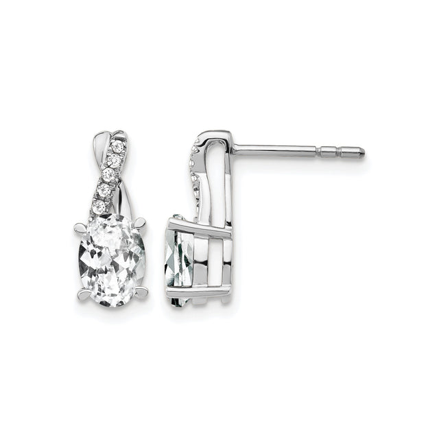 14k White Gold Stud Earrings with Oval White Topaz, Twisted Design, Diamond Accents