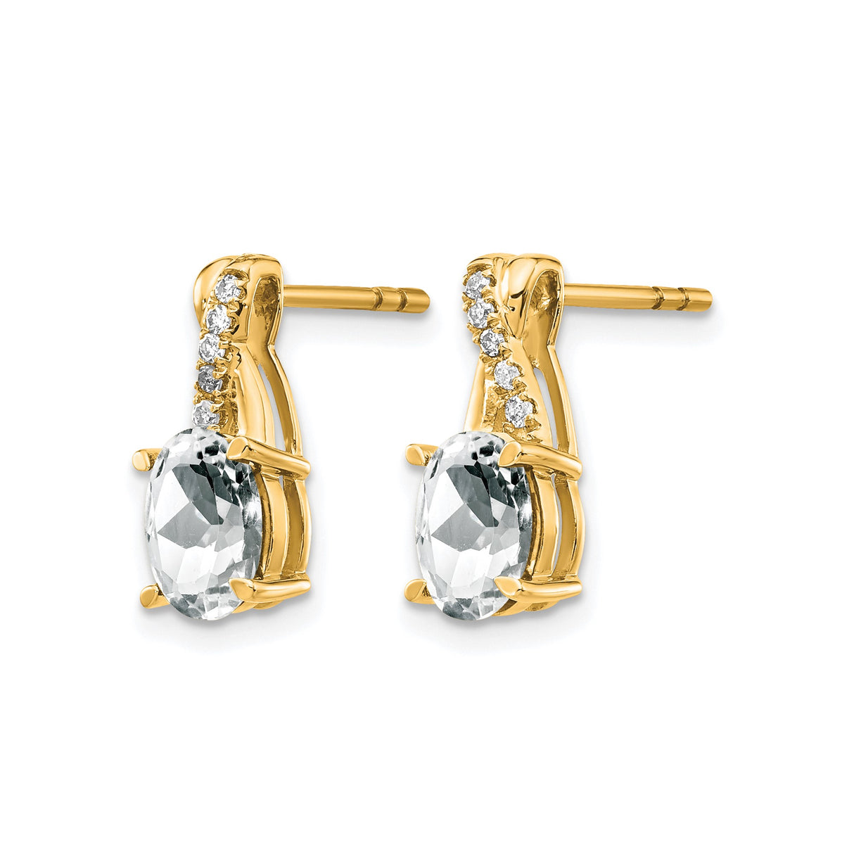 14k Yellow Gold Stud Earrings with Oval White Topaz and Diamond Accents in Ribbon Style