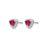 14k White Gold Ruby and Diamond Halo Stud Earrings, Trillion Cut Red Gemstone for Women