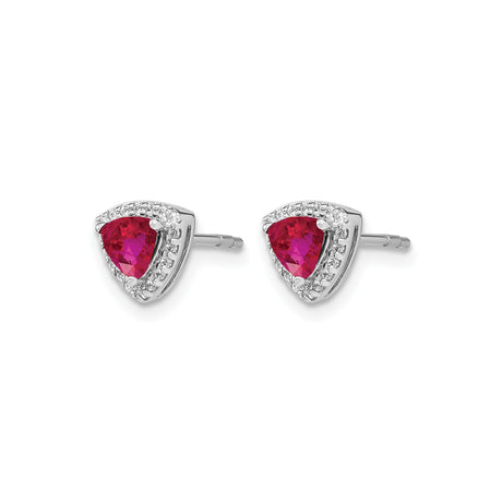 14k White Gold Ruby and Diamond Halo Stud Earrings, Trillion Cut Red Gemstone for Women