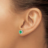 14k White Gold Emerald and Diamond Halo Stud Earrings, Cushion Cut Design for Women
