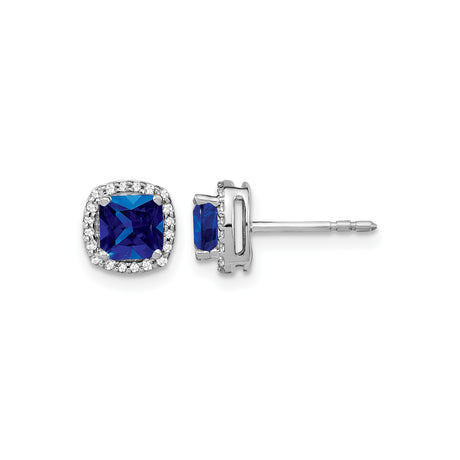 14k White Gold Stud Earrings with Cushion Cut Sapphire and Diamond Halo Accents