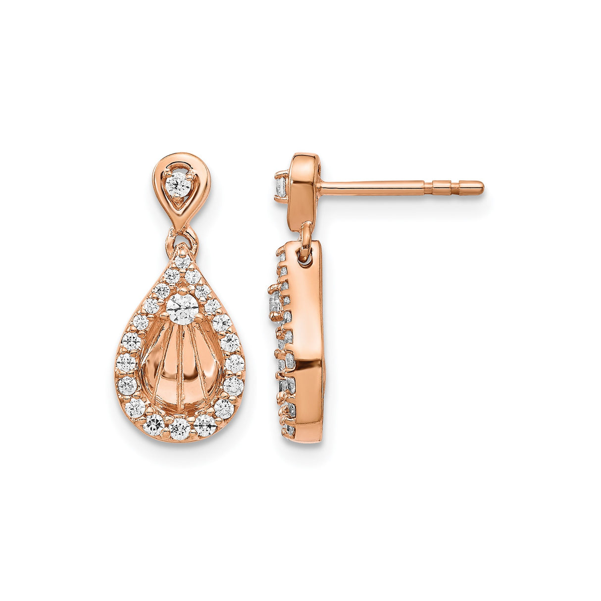 14k Rose Gold Teardrop Dangle Earrings with Diamond Accents, Scalloped Shell and Fan Design