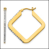 14k Yellow Gold Square Hoop Earrings with Diamond Cut Design for Women