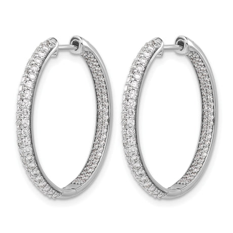 14k White Gold Hoop Earrings with Double Row Cubic Zirconia, Hinged Lightweight Design