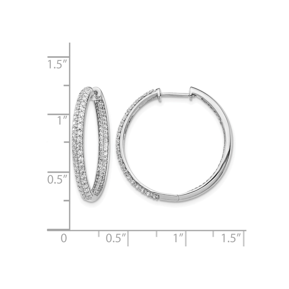 14k White Gold Hoop Earrings with Double Row Cubic Zirconia, Hinged Lightweight Design