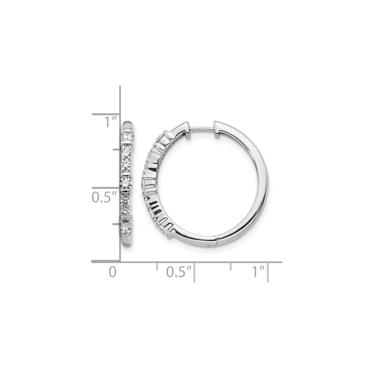 14k White Gold Hoop Earrings with Round Cut Diamonds in Shared Prong Setting