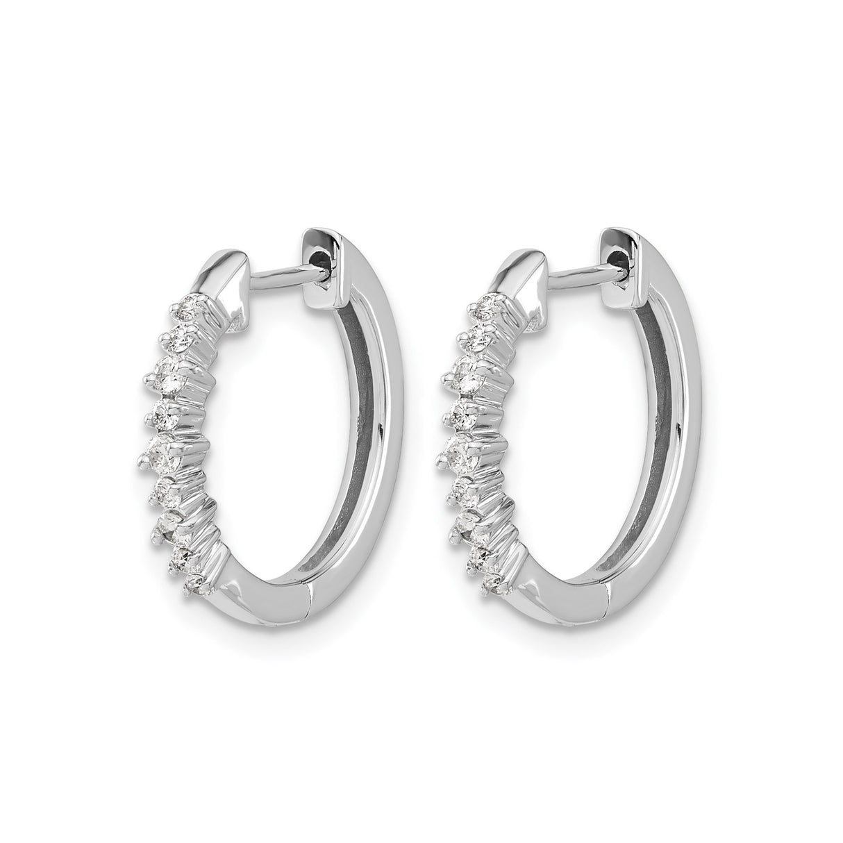 14k White Gold Diamond Hoop Earrings with Prong Set Stones, Lightweight Round Style