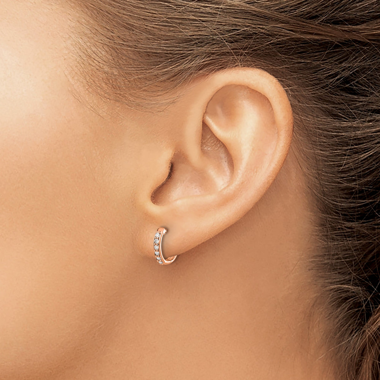 14k Rose Gold Hoop Earrings with Channel Set Round Cut Diamonds, Modern Minimalist Style