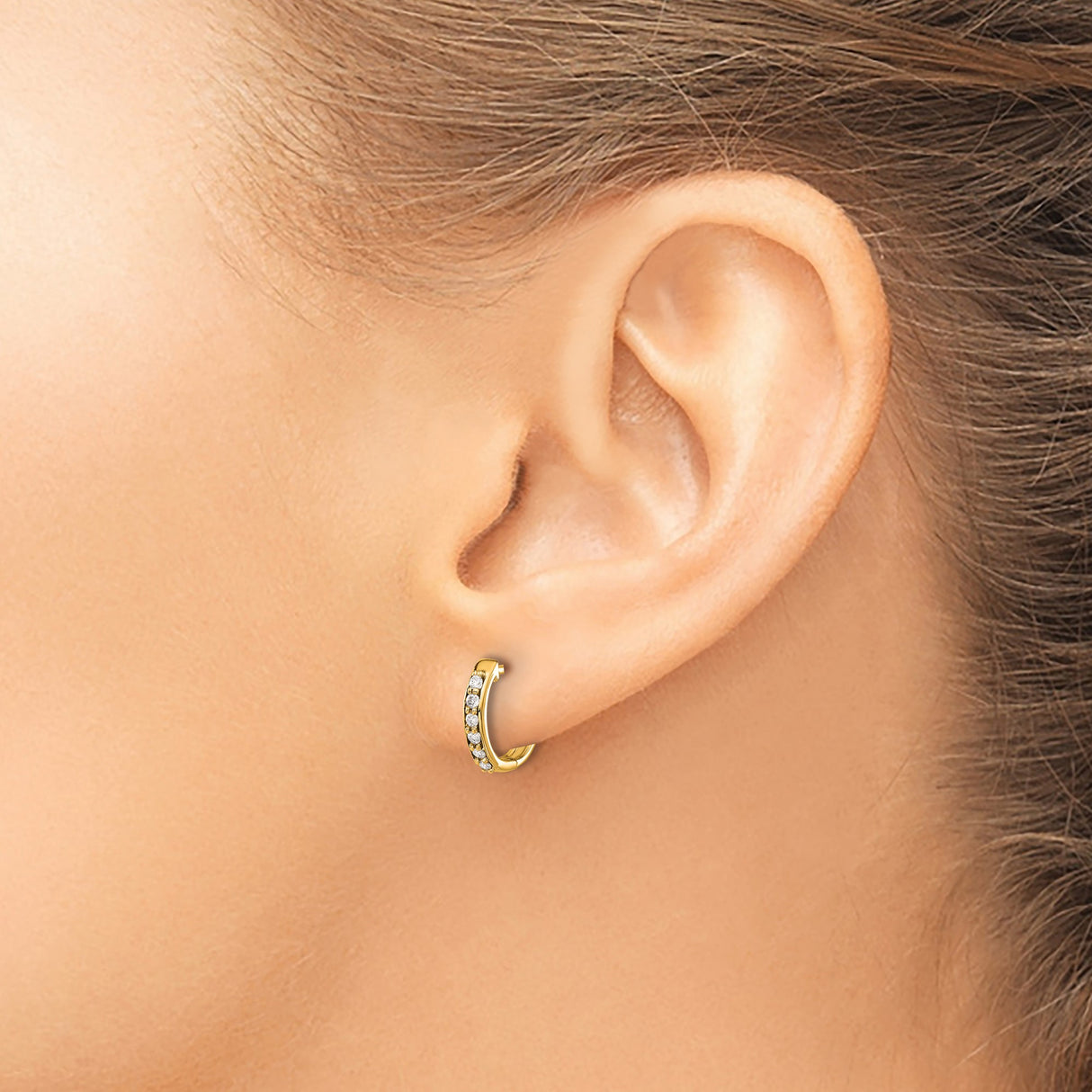 14k Yellow Gold Hoop Earrings with Channel Set Diamonds, Classic Minimalist Design for Women