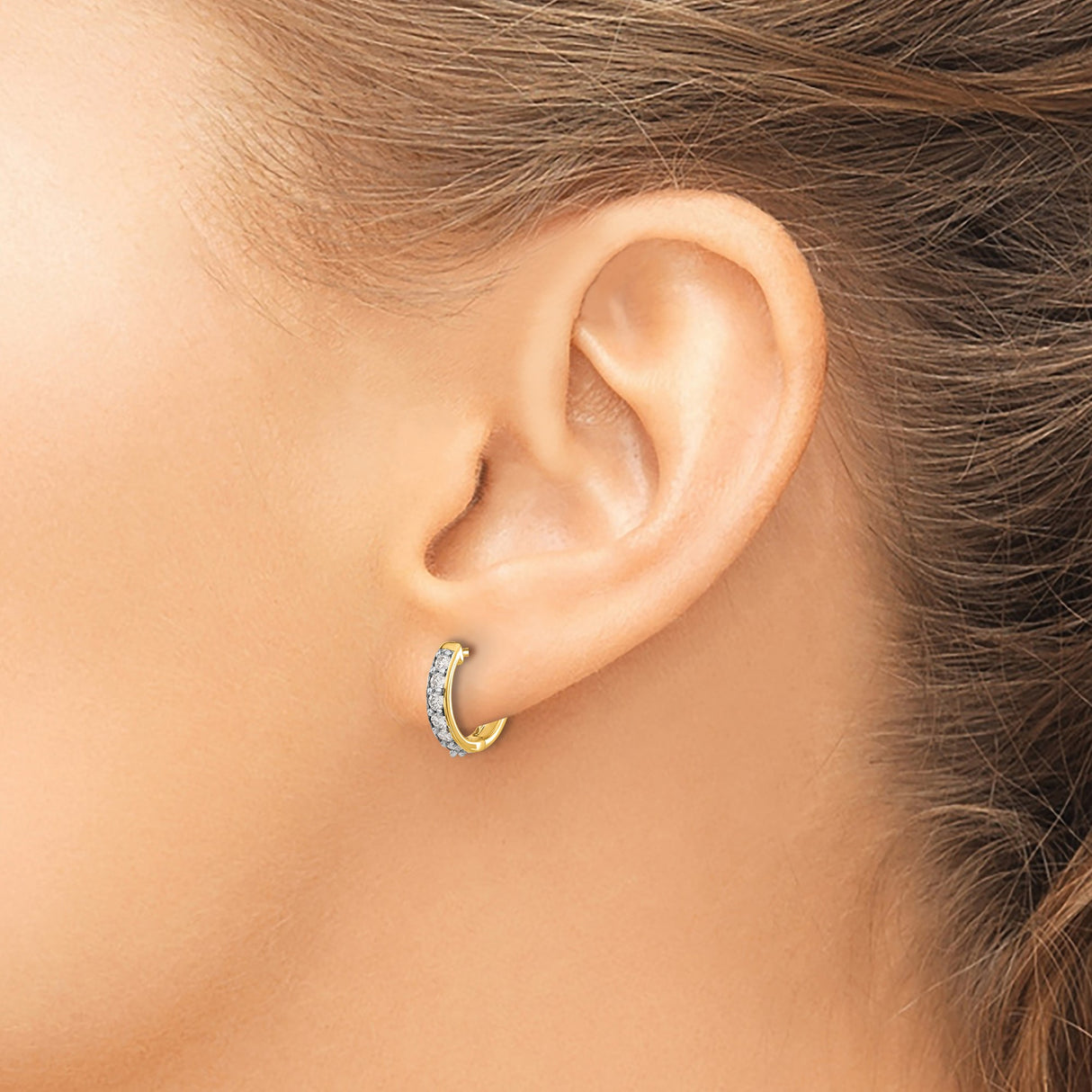 14k Yellow Gold Huggie Hoop Earrings with Round Cut Diamonds, Channel Setting, High Polish Finish