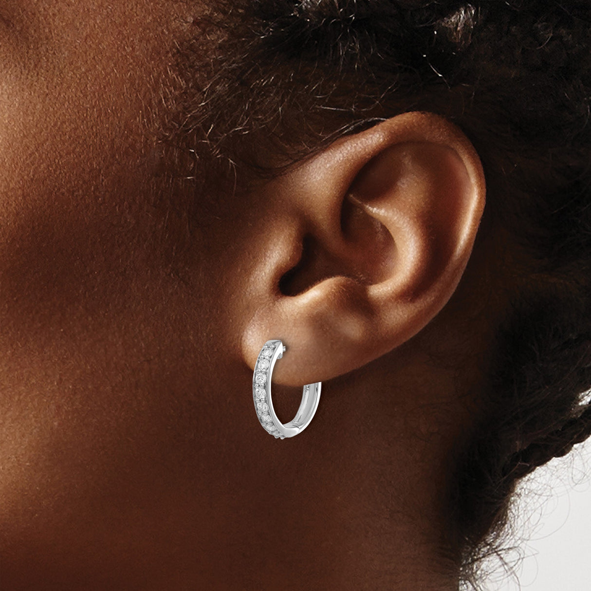 14k White Gold Hoop Earrings with Round Cut Diamonds in Channel Setting