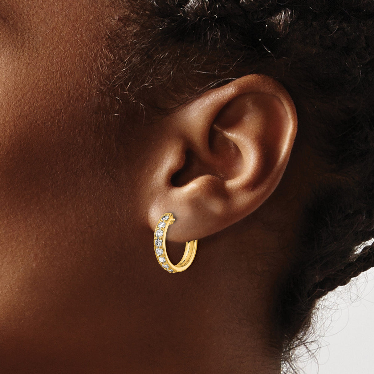 14k Yellow Gold Hoop Earrings with Round Cut Cubic Zirconia in Channel Setting