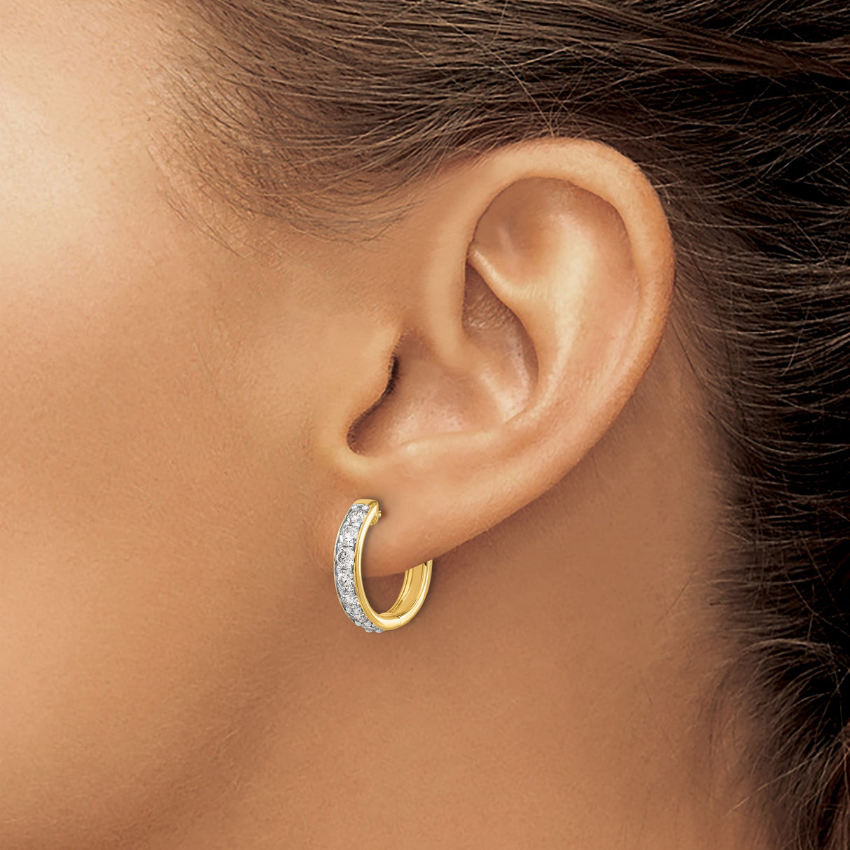 10k Yellow Gold Hoop Earrings with Channel Set Round White Gemstones, Polished Finish