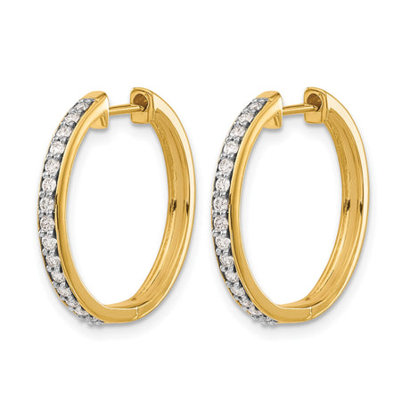 14k Yellow Gold Hoop Earrings with Prong Set Round White Diamonds, Classic Jewelry Design for Women