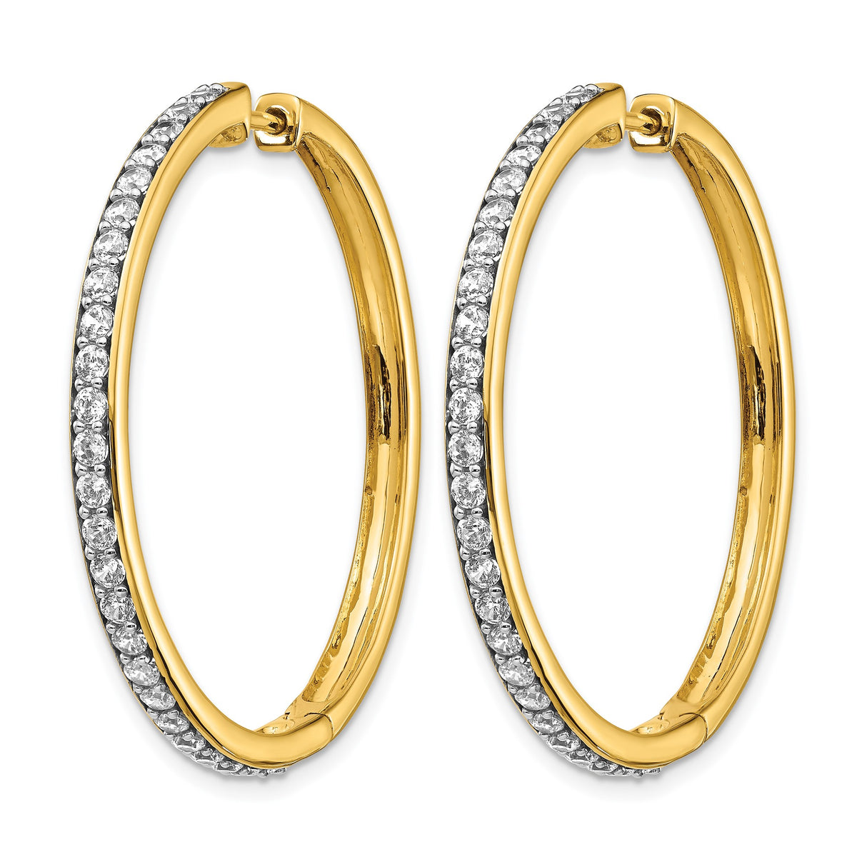 14k Yellow Gold Hoop Earrings with Round Cut White Diamonds, Classic Lightweight Design