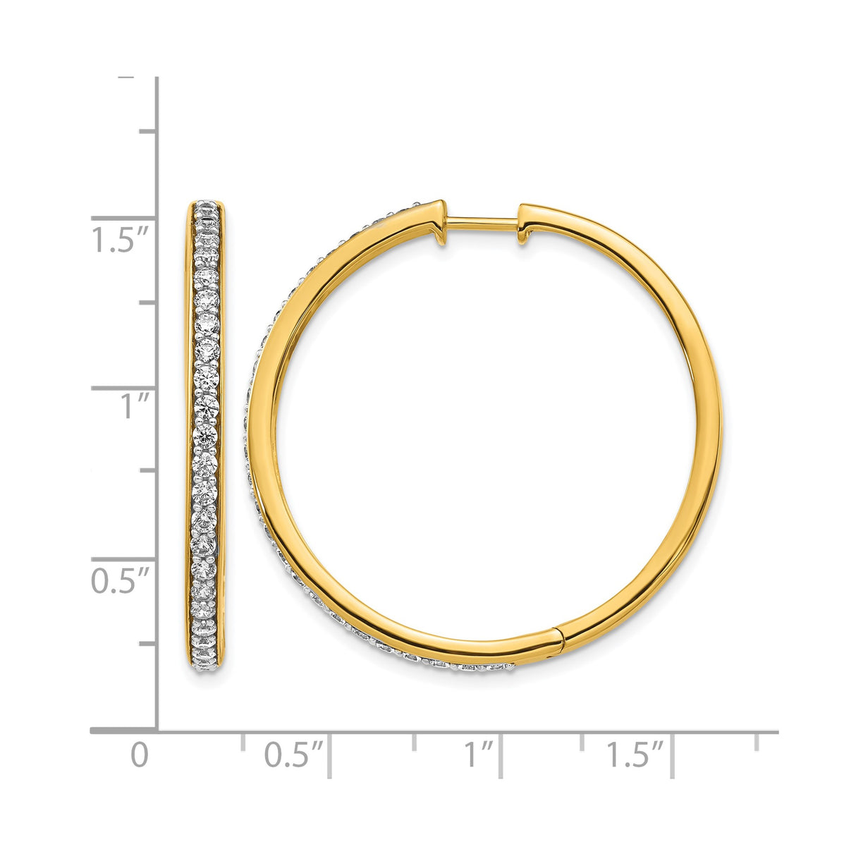 14k Yellow Gold Hoop Earrings with Round Cut White Diamonds, Classic Lightweight Design
