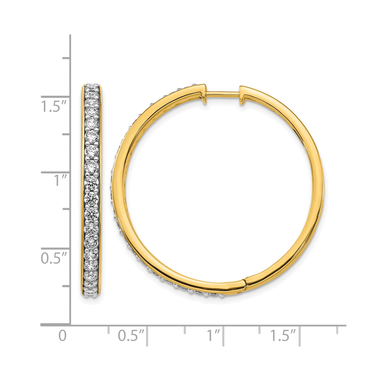 14k Yellow Gold Diamond Hoop Earrings with Round Cut White Diamonds, Classic Lightweight Style for Women
