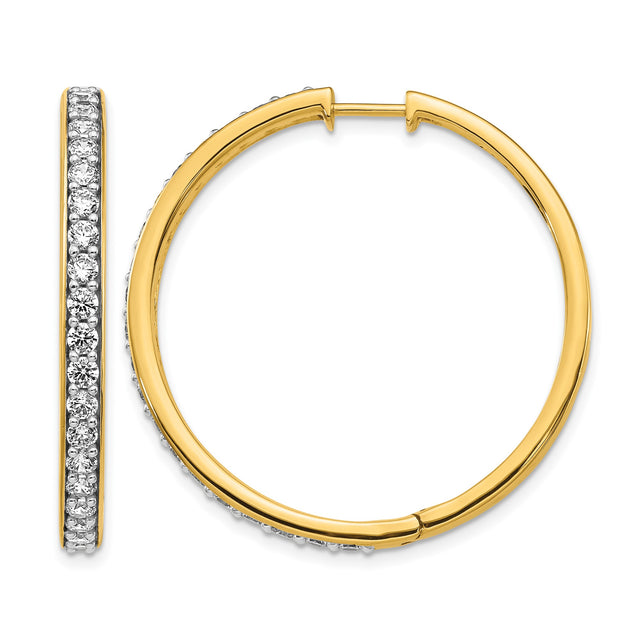 14k Yellow Gold Diamond Hoop Earrings with Round Cut White Diamonds, Classic Lightweight Style for Women