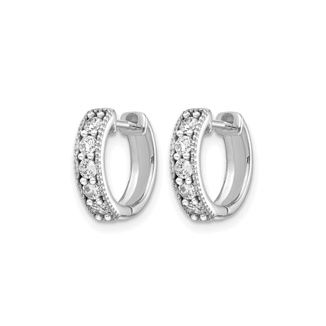 14k White Gold Hoop Earrings with Cubic Zirconia, Channel Setting, Milgrain Huggie Style