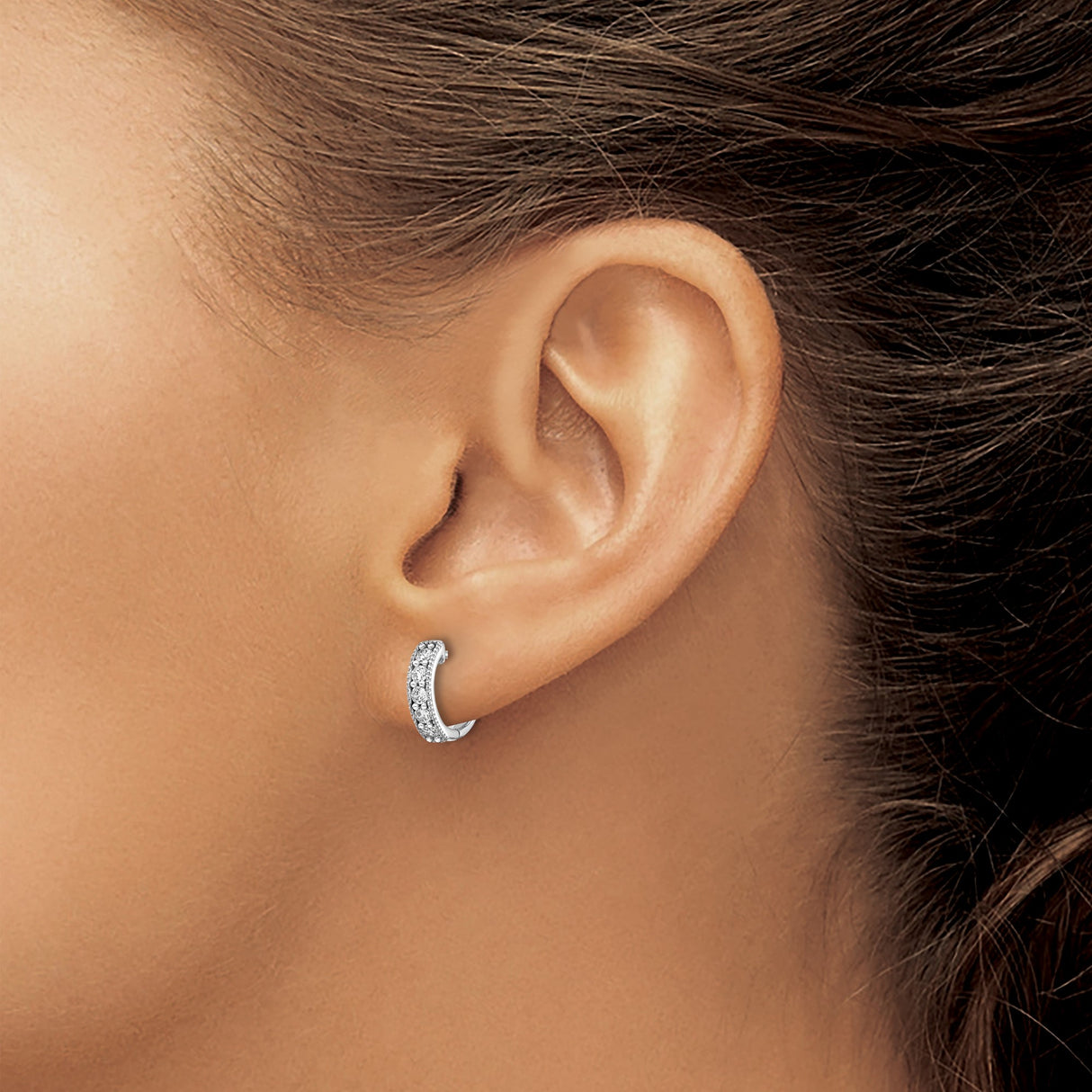 14k White Gold Hoop Earrings with Cubic Zirconia, Channel Setting, Milgrain Huggie Style