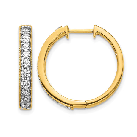 14k Yellow Gold Hoop Earrings with Round Cut Diamonds, Channel Set, Milgrain Edge