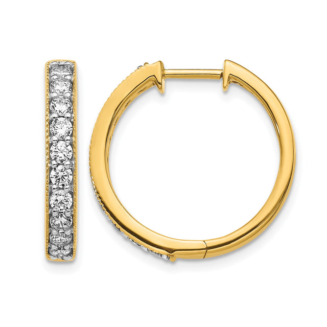 14k Yellow Gold Hoop Earrings with Round Cut Diamonds, Channel Set, Milgrain Edge