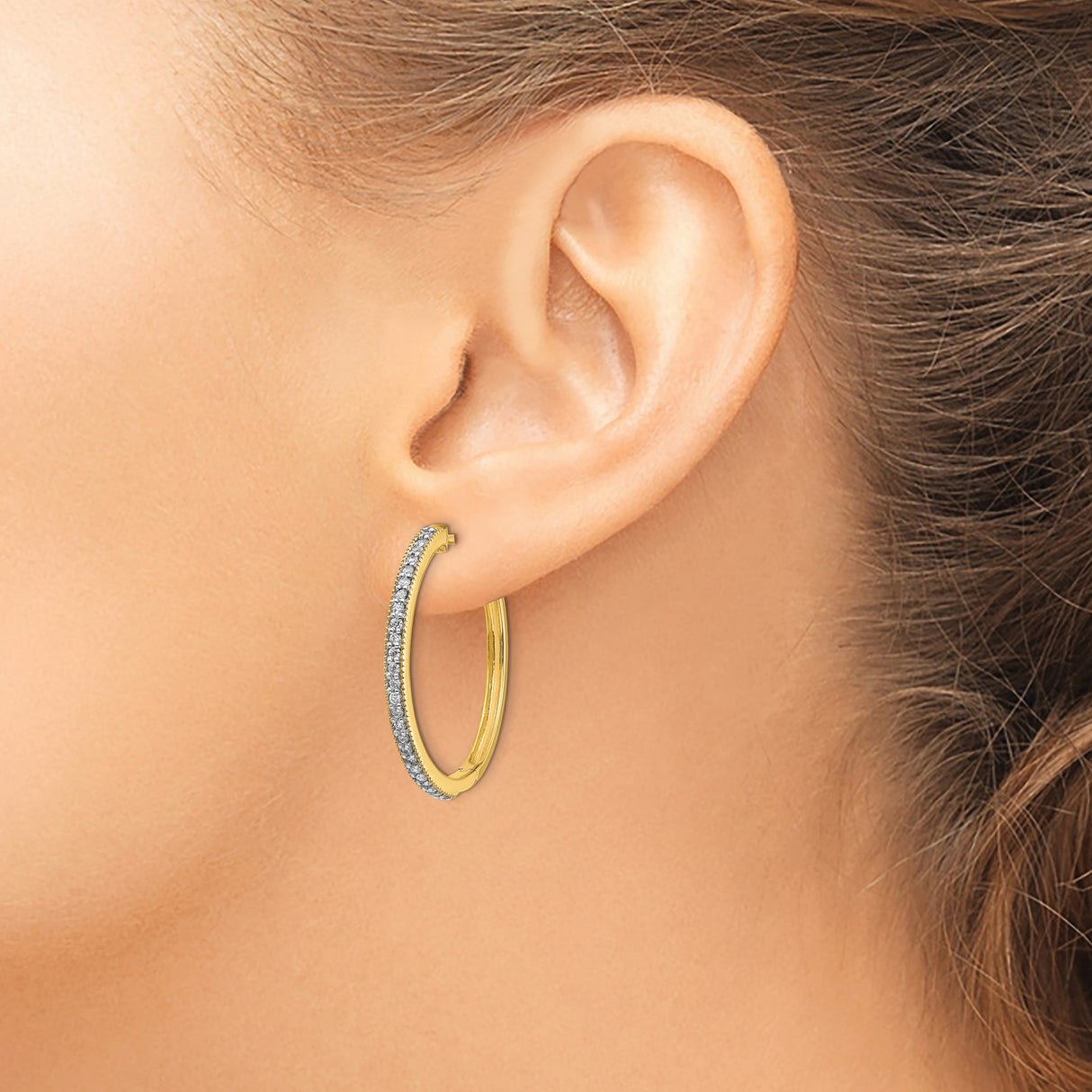 14k Yellow Gold Hoop Earrings with Pavé Set Diamonds, Classic Hinged Design for Women