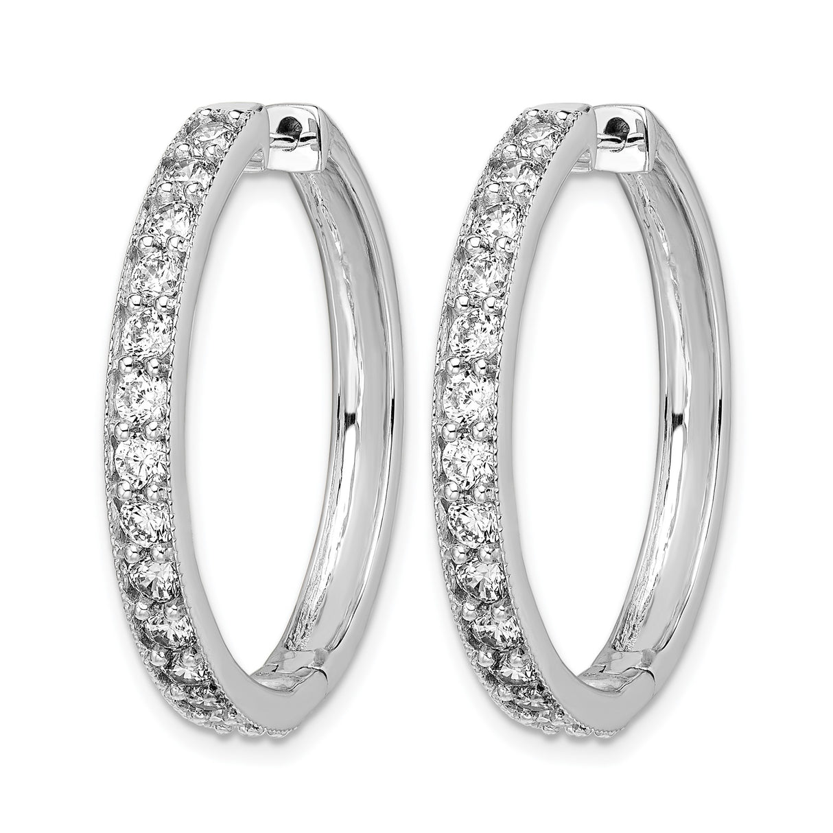 14k White Gold Hoop Earrings with Round Cut Diamonds, Classic Hinged Design for Women