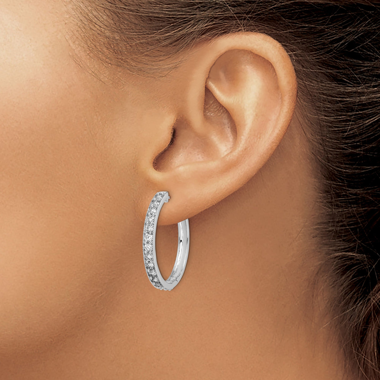 14k White Gold Hoop Earrings with Round Cut Diamonds, Classic Hinged Design for Women