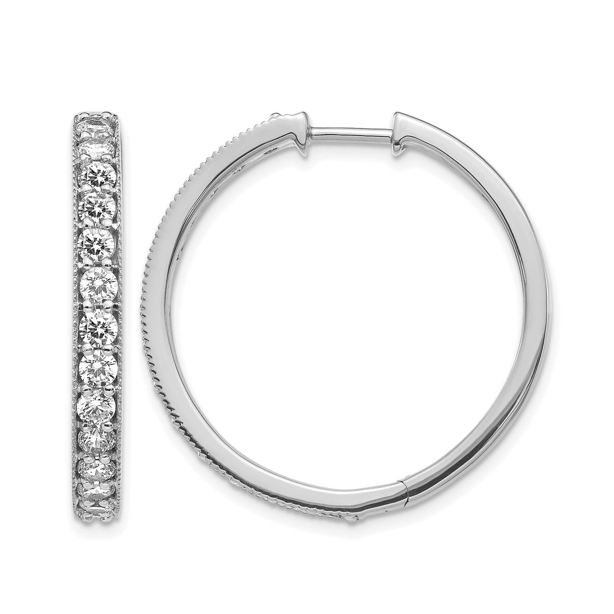 14k White Gold Hoop Earrings with Round Cut Diamonds, Classic Hinged Design for Women