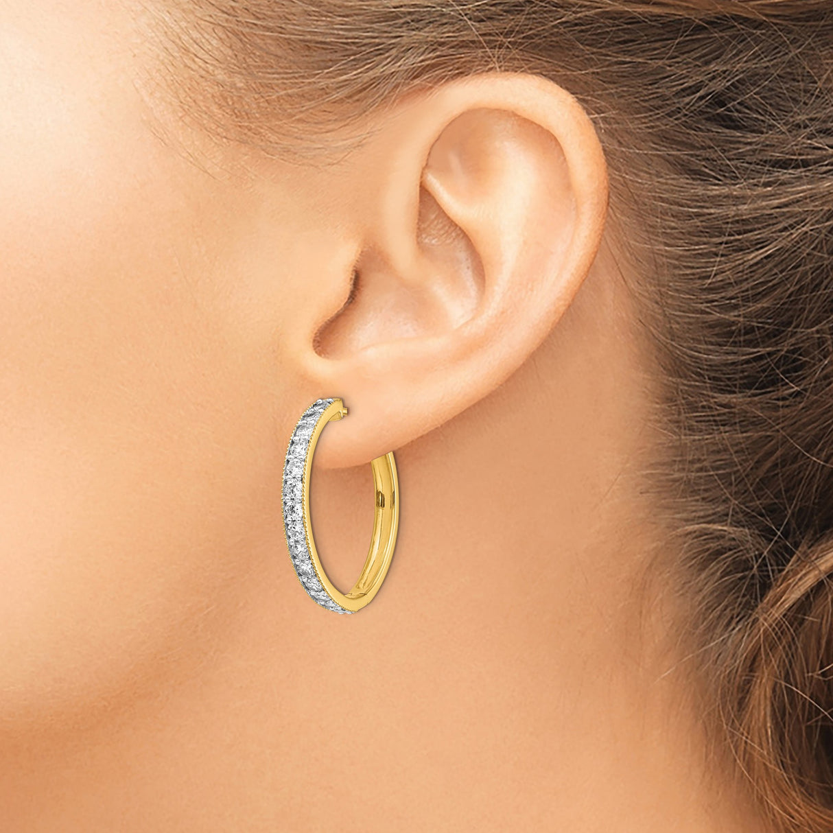 14k Yellow Gold Hoop Earrings with Round Cut Cubic Zirconia in Channel Setting