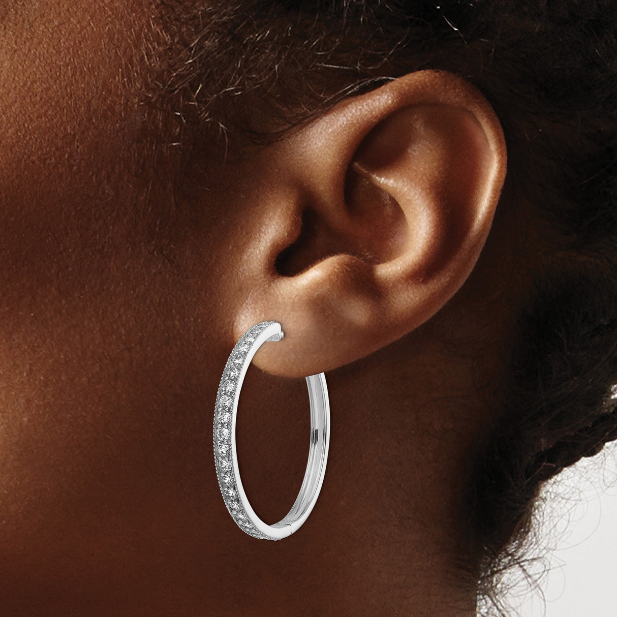 14k White Gold Diamond Hoop Earrings, Prong Set Classic Round Hoops for Women