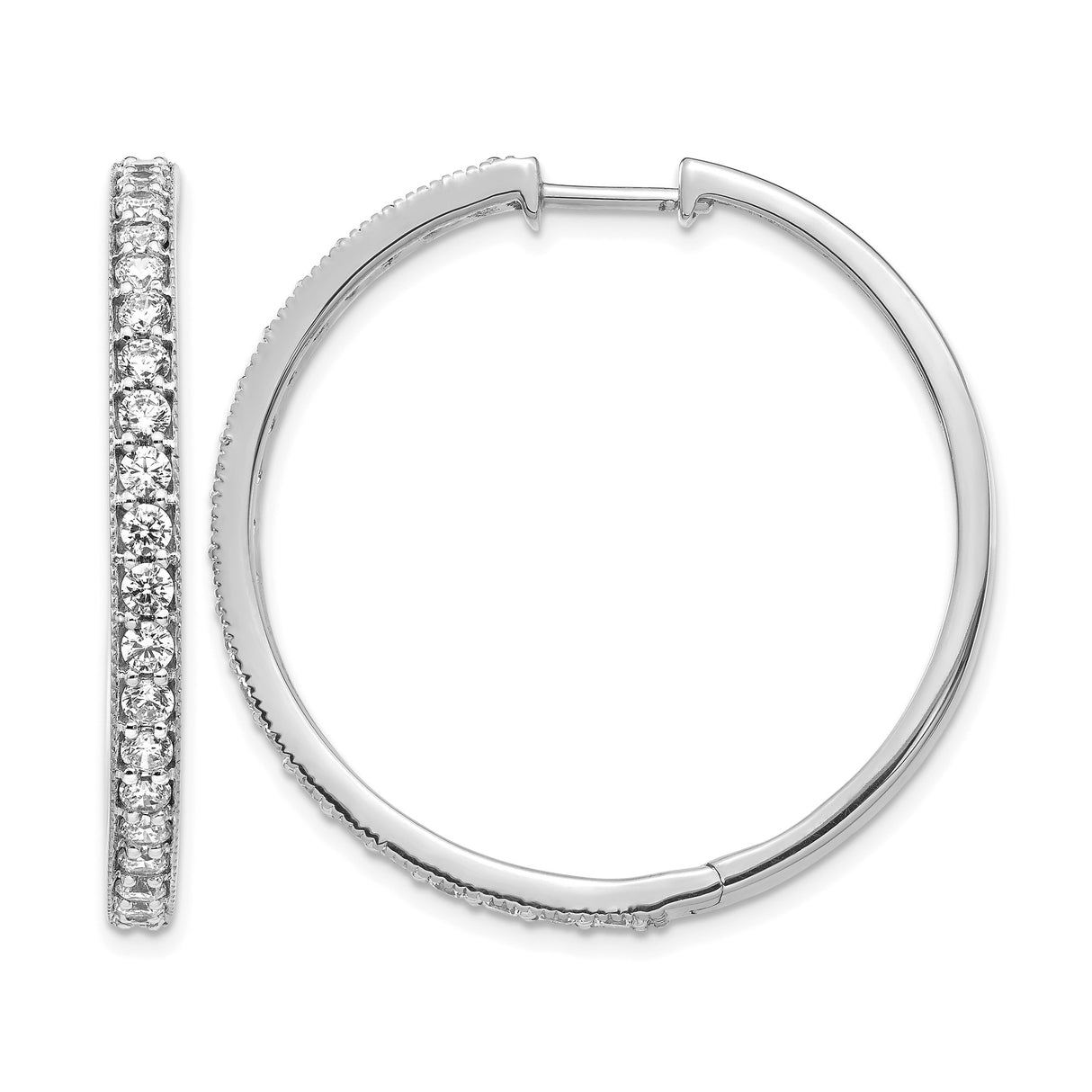 14k White Gold Diamond Hoop Earrings, Prong Set Classic Round Hoops for Women